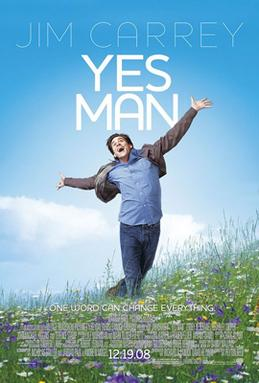 The movie poster for yes man with Jim Carrey running joyfully across a green meadow